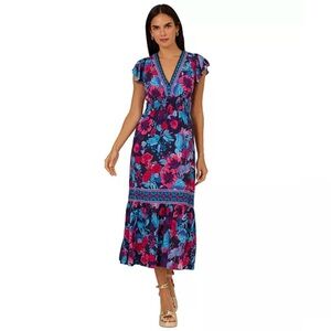 NWT Adrianna Papell size 6 Smocked-Waist Flutter-Sleeve Dress blue floral midi